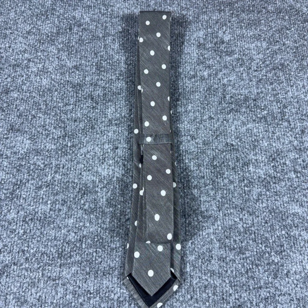 Express Mens Necktie Charcoal Gray White Polka Dot Textured Slim Silk Blend Tie